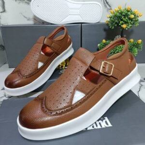 Men’s Premium Brown Leather Buckle Sandals with Cushioned Sole
