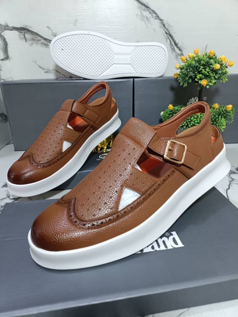 Men’s Premium Brown Leather Buckle Sandals with Cushioned Sole