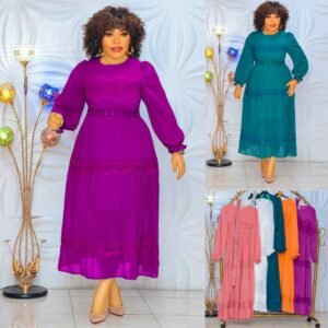 Elegant Long-Sleeve Belted Chiffon Dress