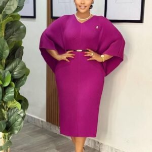 Chic Plum Batwing Sleeve Midi Dress -MIYAKI Gon